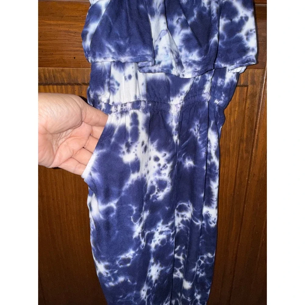 Justice Girls Blue Tie Dye Jumpsuit Ruffle Wide Leg Pocket Romper Size S 7/8